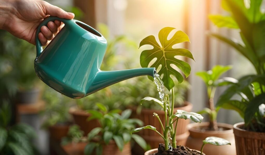 Pessoa regando planta com luz natural, representando a conexão com a natureza e o momento presente no mindfulness