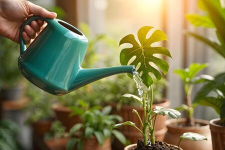 Pessoa regando planta com luz natural, representando a conexão com a natureza e o momento presente no mindfulness