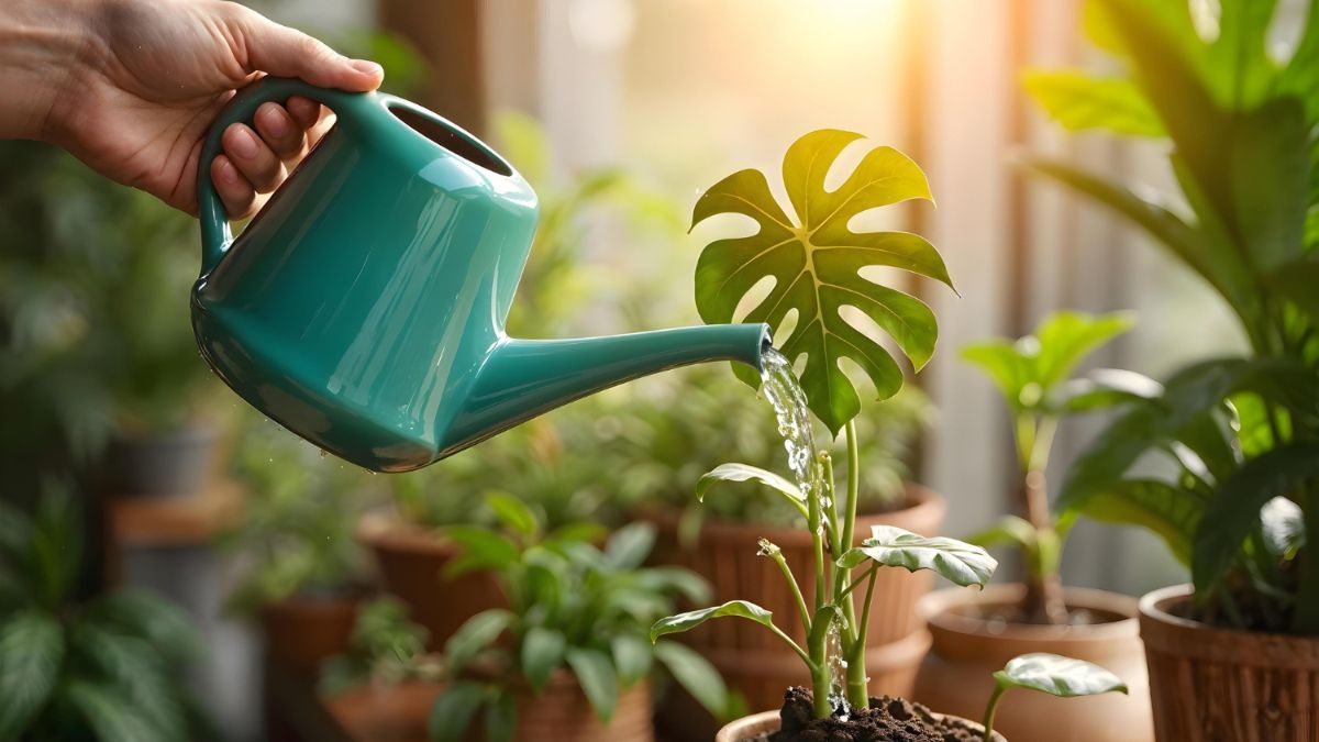 Pessoa regando planta com luz natural, representando a conexão com a natureza e o momento presente no mindfulness