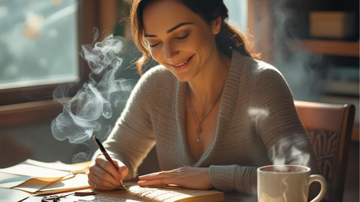 mulher tendo pensamentos amorosos por meio da escrita terapeutica